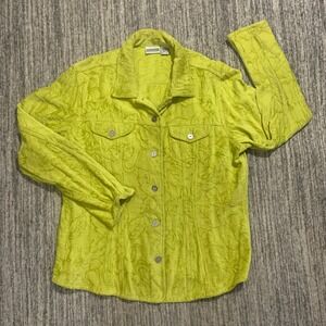 Chico's Floral Jacket Textured Button Down Chartreuse Green Size 2 Large 12‎